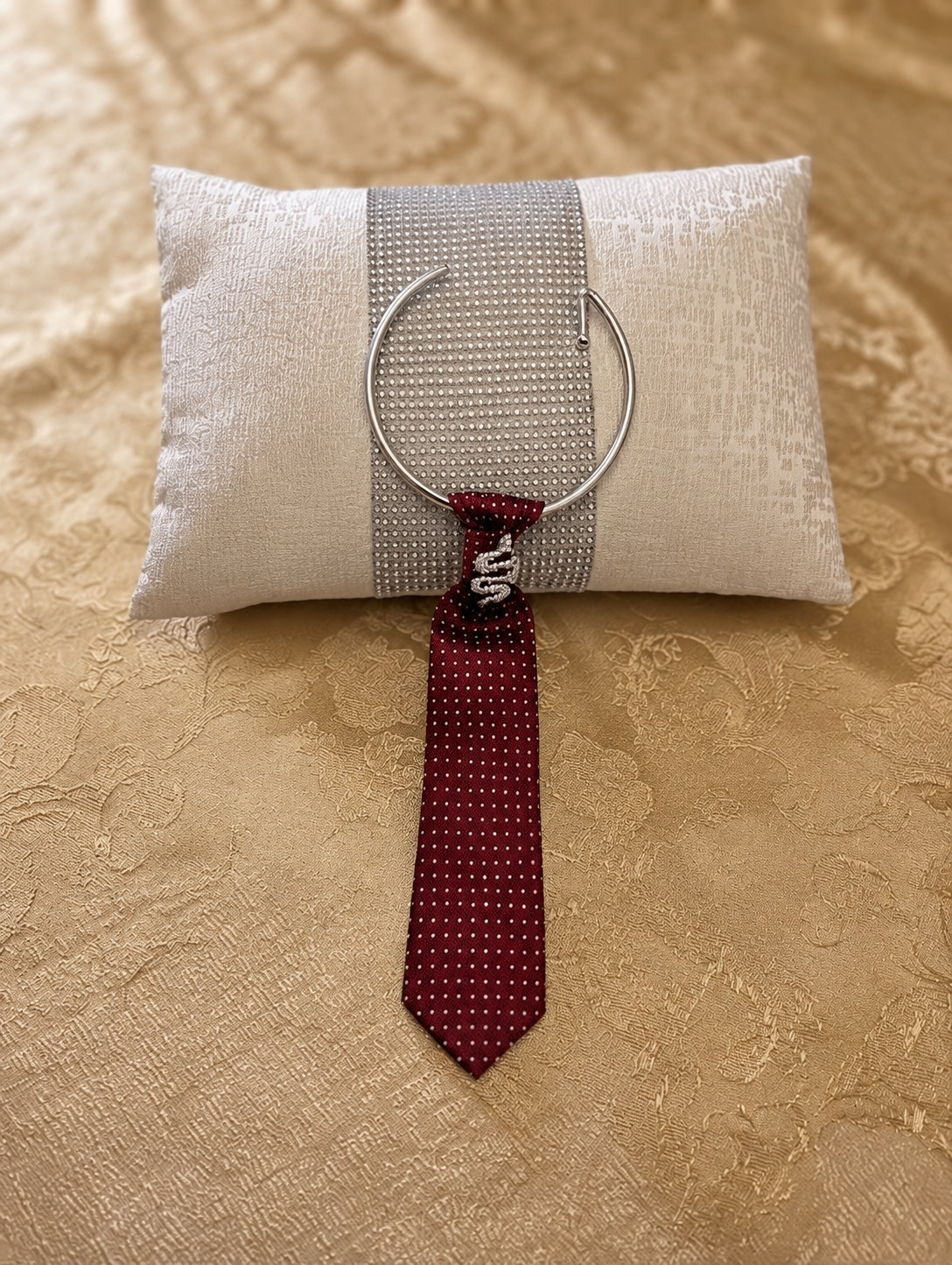 Cravattino bordeaux a pois con collana argentata e serpente gioiello